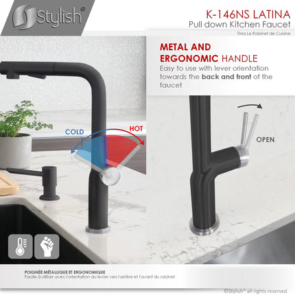 STYLISH Kitchen Sink Faucet Single Handle Pull Down Dual Mode Stainless Steel Matte Black with Silver Base and Handle Finish K-146NS - Plumbing Market