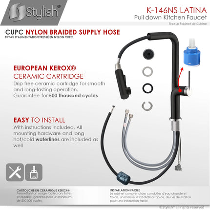 STYLISH Kitchen Sink Faucet Single Handle Pull Down Dual Mode Stainless Steel Matte Black with Silver Base and Handle Finish K-146NS - Plumbing Market