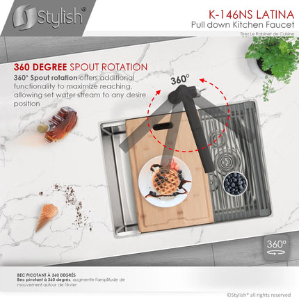 STYLISH Kitchen Sink Faucet Single Handle Pull Down Dual Mode Stainless Steel Matte Black with Silver Base and Handle Finish K-146NS - Plumbing Market