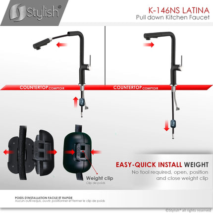 STYLISH Kitchen Sink Faucet Single Handle Pull Down Dual Mode Stainless Steel Matte Black with Silver Base and Handle Finish K-146NS - Plumbing Market