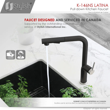 STYLISH Kitchen Sink Faucet Single Handle Pull Down Dual Mode Stainless Steel Matte Black with Silver Base and Handle Finish K-146NS - Plumbing Market