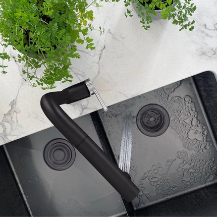 STYLISH Kitchen Sink Faucet Single Handle Pull Down Dual Mode Stainless Steel Matte Black with Silver Base and Handle Finish K-146NS - Plumbing Market