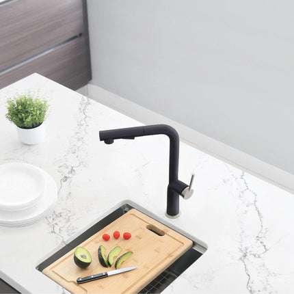 STYLISH Kitchen Sink Faucet Single Handle Pull Down Dual Mode Stainless Steel Matte Black with Silver Base and Handle Finish K-146NS - Plumbing Market