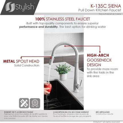 STYLISH Kitchen Sink Faucet Single Handle Pull Down Dual Mode Stainless Steel Polished Chrome Finish K-135C - Plumbing Market