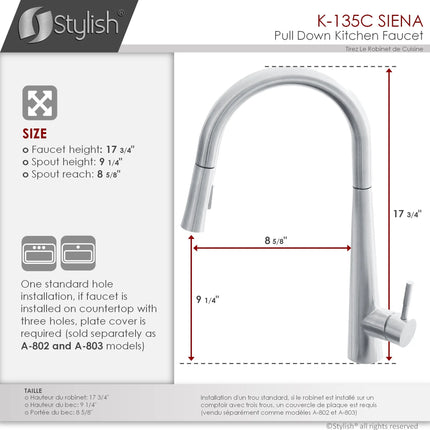 STYLISH Kitchen Sink Faucet Single Handle Pull Down Dual Mode Stainless Steel Polished Chrome Finish K-135C - Plumbing Market