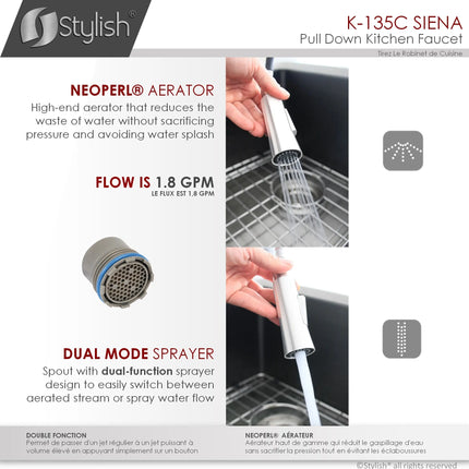 STYLISH Kitchen Sink Faucet Single Handle Pull Down Dual Mode Stainless Steel Polished Chrome Finish K-135C - Plumbing Market