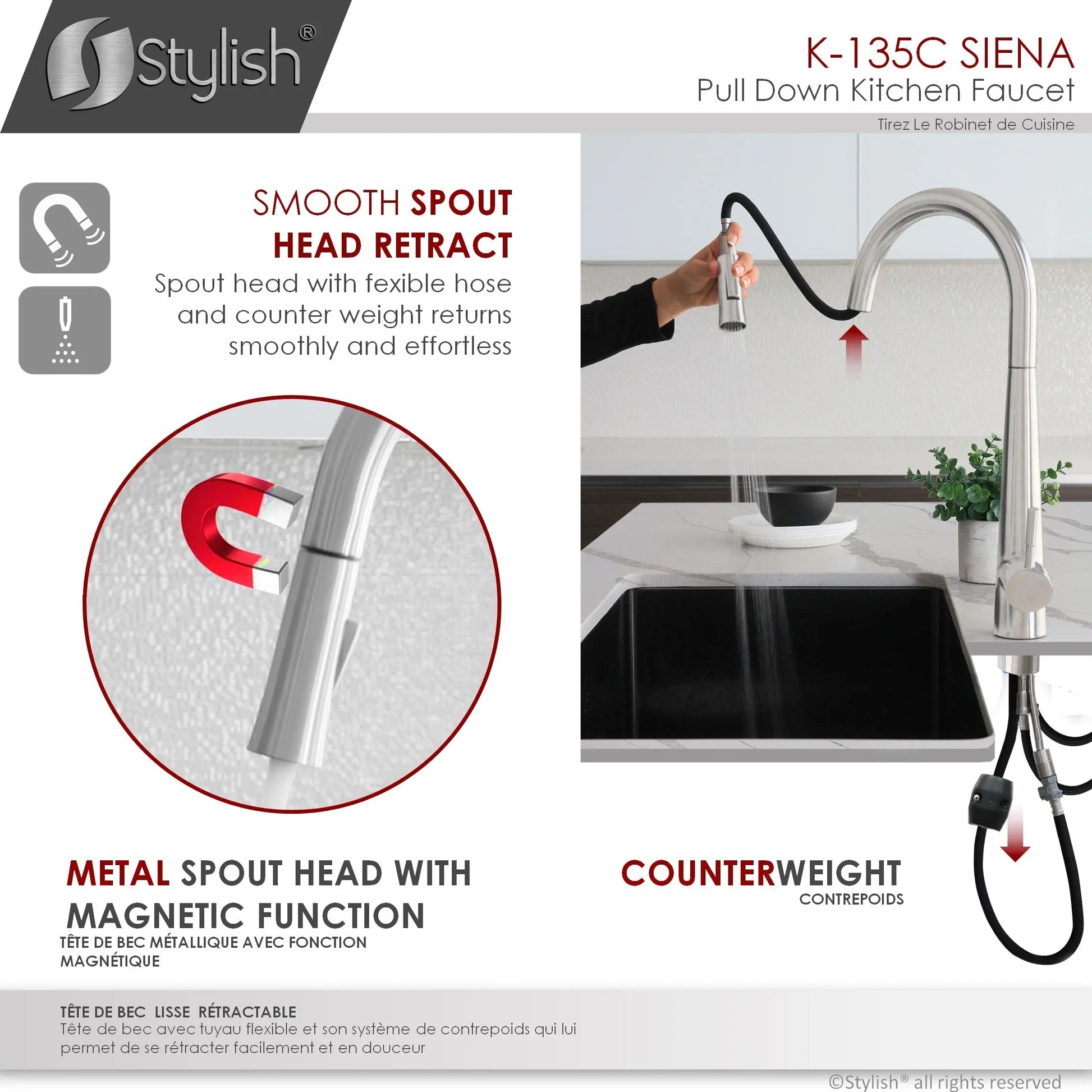 STYLISH Kitchen Sink Faucet Single Handle Pull Down Dual Mode Stainless Steel Polished Chrome Finish K-135C - Plumbing Market