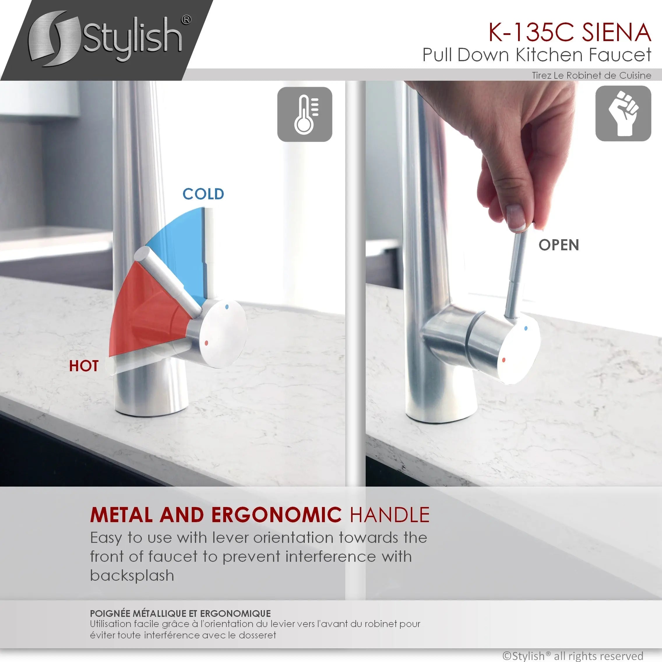 STYLISH Kitchen Sink Faucet Single Handle Pull Down Dual Mode Stainless Steel Polished Chrome Finish K-135C - Plumbing Market