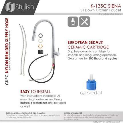 STYLISH Kitchen Sink Faucet Single Handle Pull Down Dual Mode Stainless Steel Polished Chrome Finish K-135C - Plumbing Market