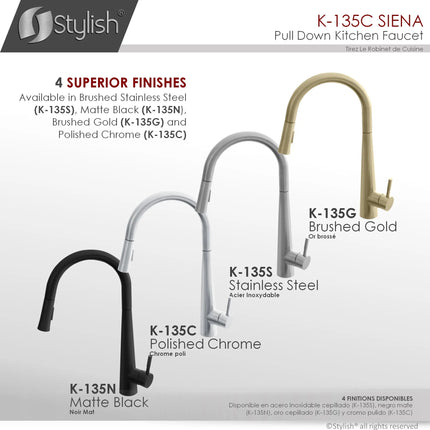 STYLISH Kitchen Sink Faucet Single Handle Pull Down Dual Mode Stainless Steel Polished Chrome Finish K-135C - Plumbing Market