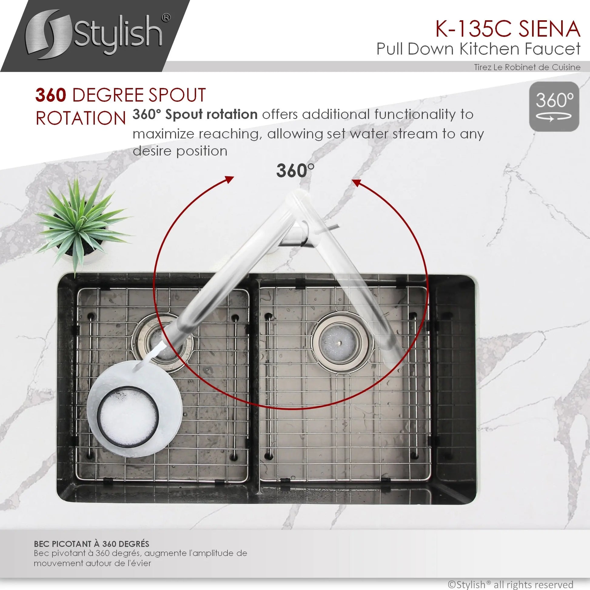 STYLISH Kitchen Sink Faucet Single Handle Pull Down Dual Mode Stainless Steel Polished Chrome Finish K-135C - Plumbing Market
