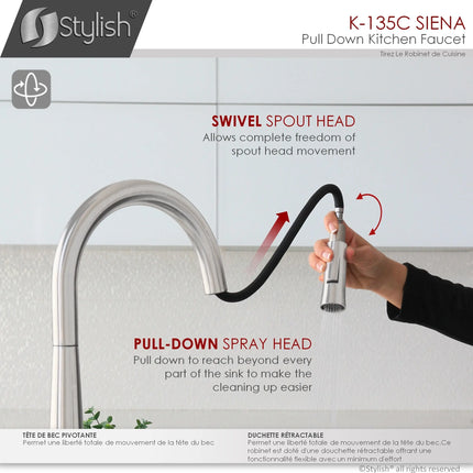 STYLISH Kitchen Sink Faucet Single Handle Pull Down Dual Mode Stainless Steel Polished Chrome Finish K-135C - Plumbing Market