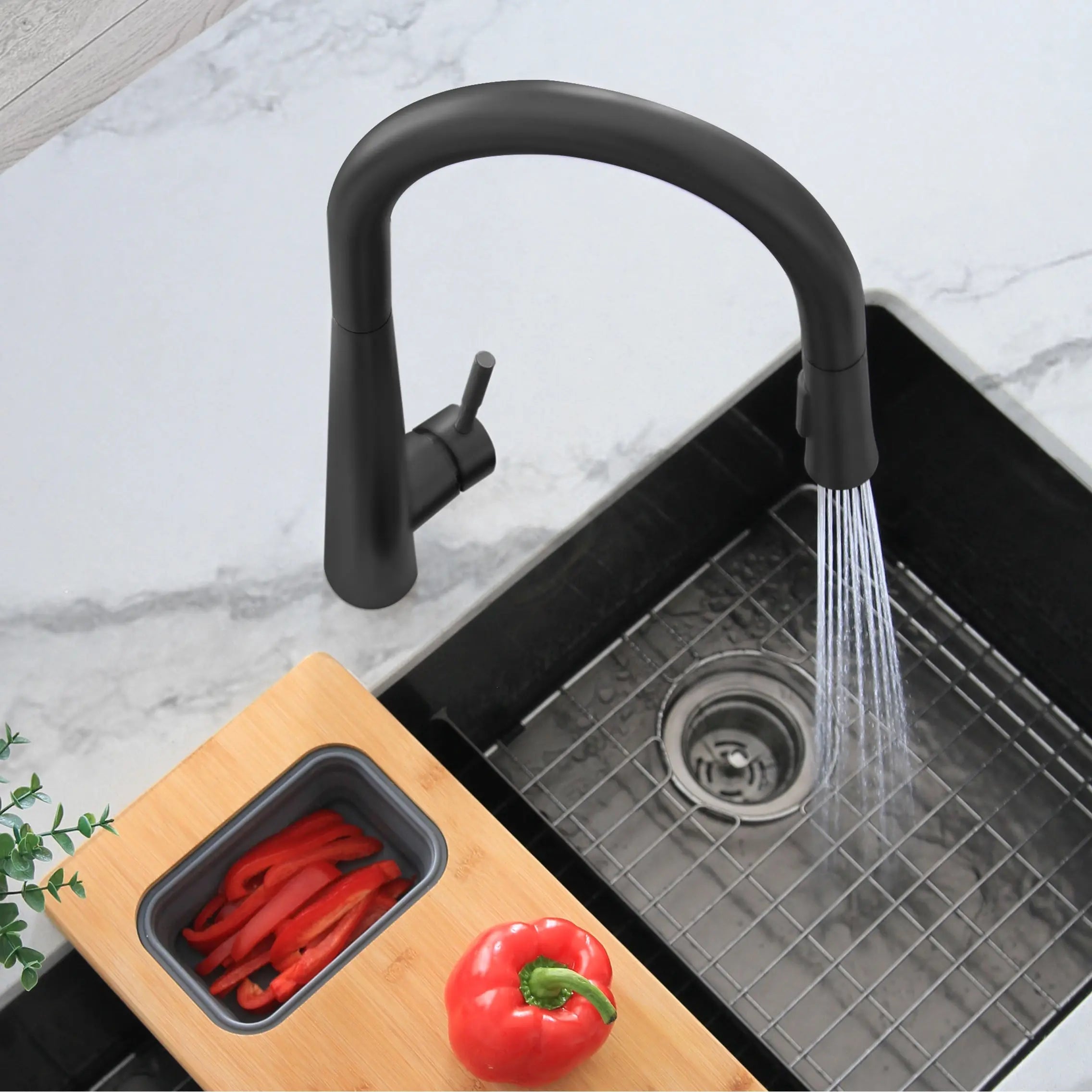 STYLISH Kitchen Sink Faucet Single Handle Pull Down Dual Mode Stainless Steel in Matte Black Finish K-135N - Plumbing Market