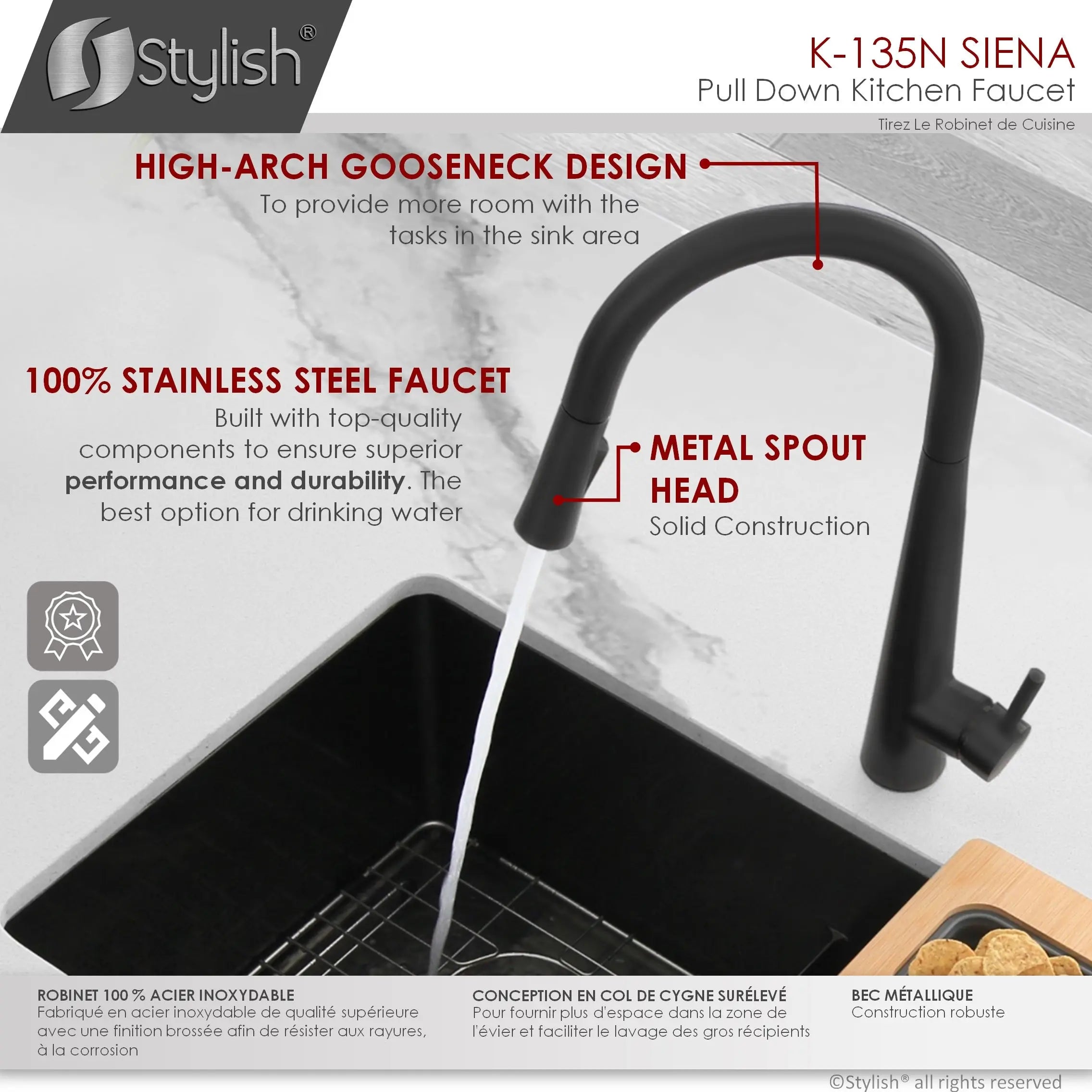 STYLISH Kitchen Sink Faucet Single Handle Pull Down Dual Mode Stainless Steel in Matte Black Finish K-135N - Plumbing Market