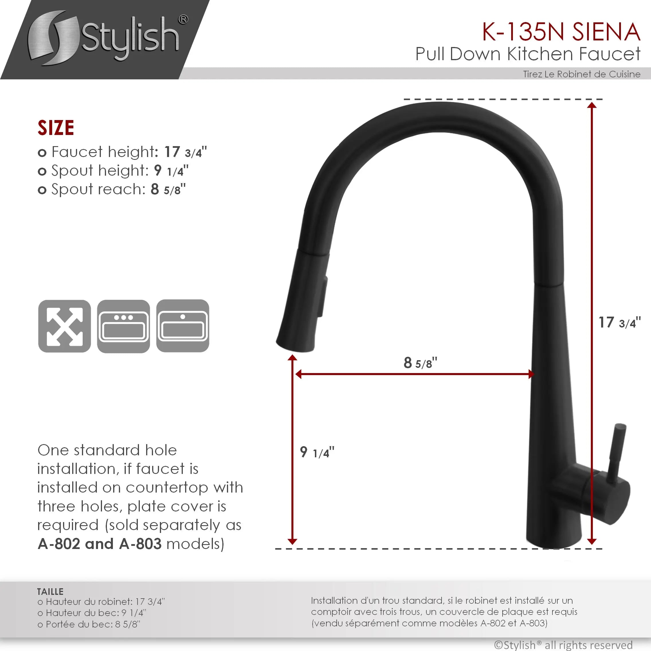 STYLISH Kitchen Sink Faucet Single Handle Pull Down Dual Mode Stainless Steel in Matte Black Finish K-135N - Plumbing Market