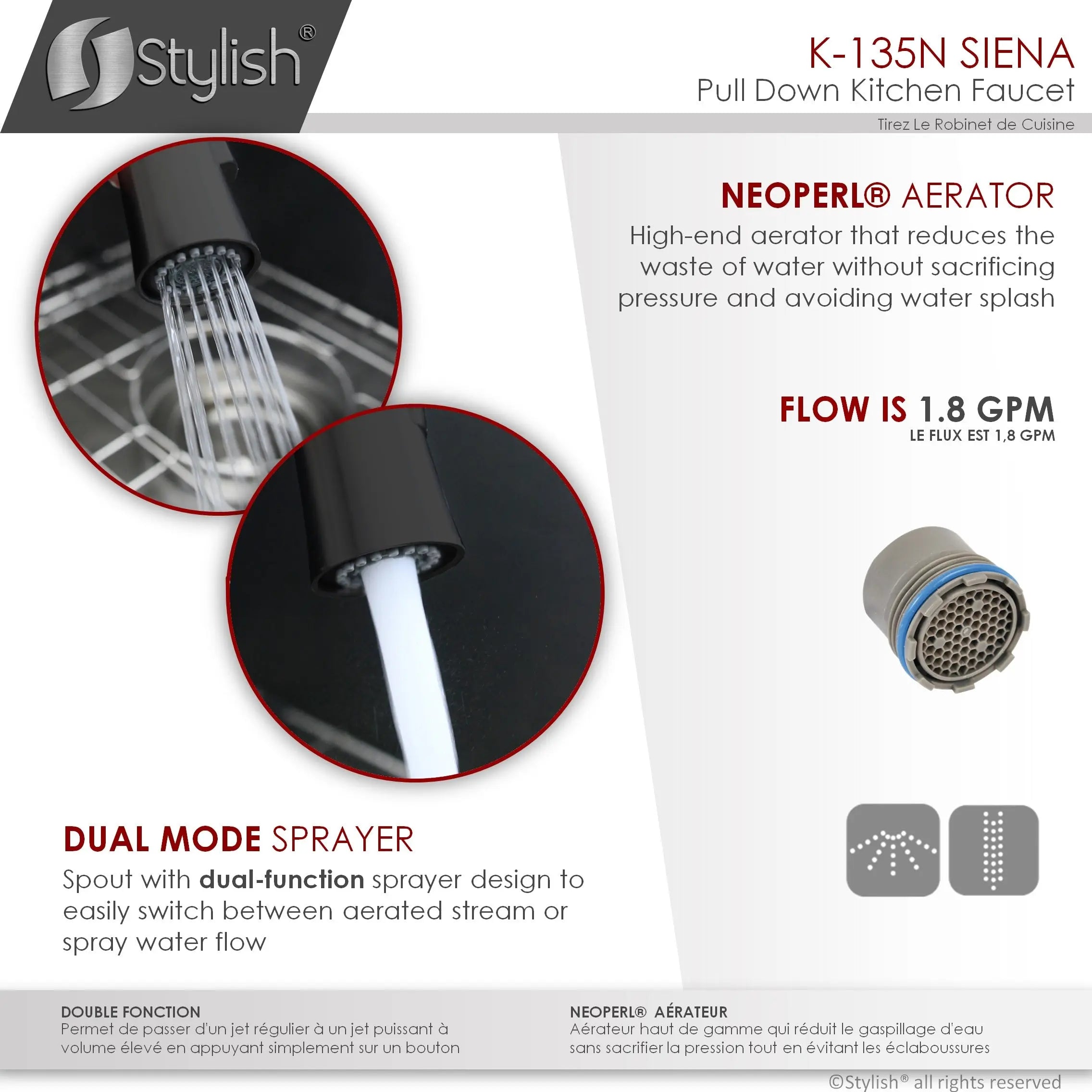 STYLISH Kitchen Sink Faucet Single Handle Pull Down Dual Mode Stainless Steel in Matte Black Finish K-135N - Plumbing Market