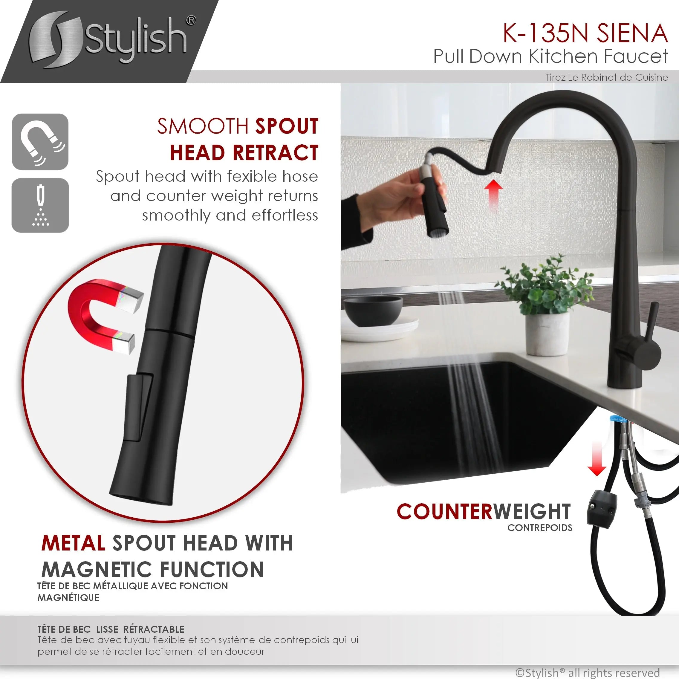 STYLISH Kitchen Sink Faucet Single Handle Pull Down Dual Mode Stainless Steel in Matte Black Finish K-135N - Plumbing Market