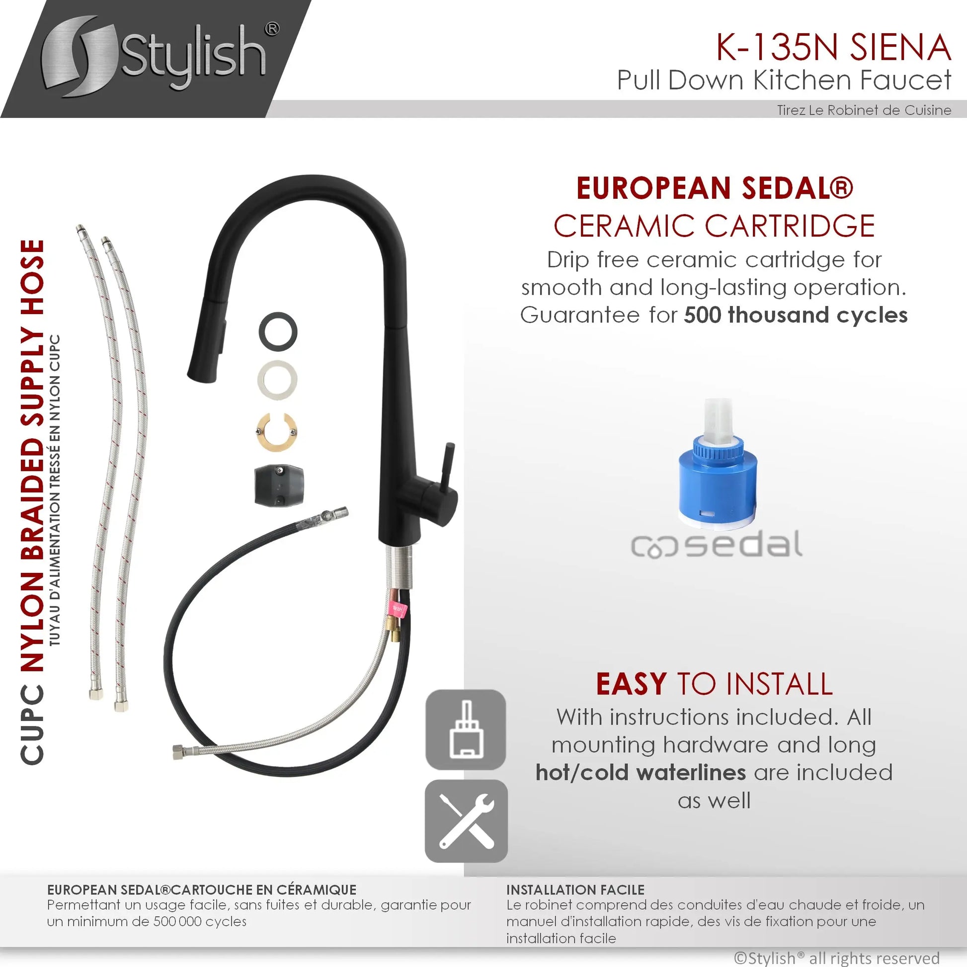 STYLISH Kitchen Sink Faucet Single Handle Pull Down Dual Mode Stainless Steel in Matte Black Finish K-135N - Plumbing Market