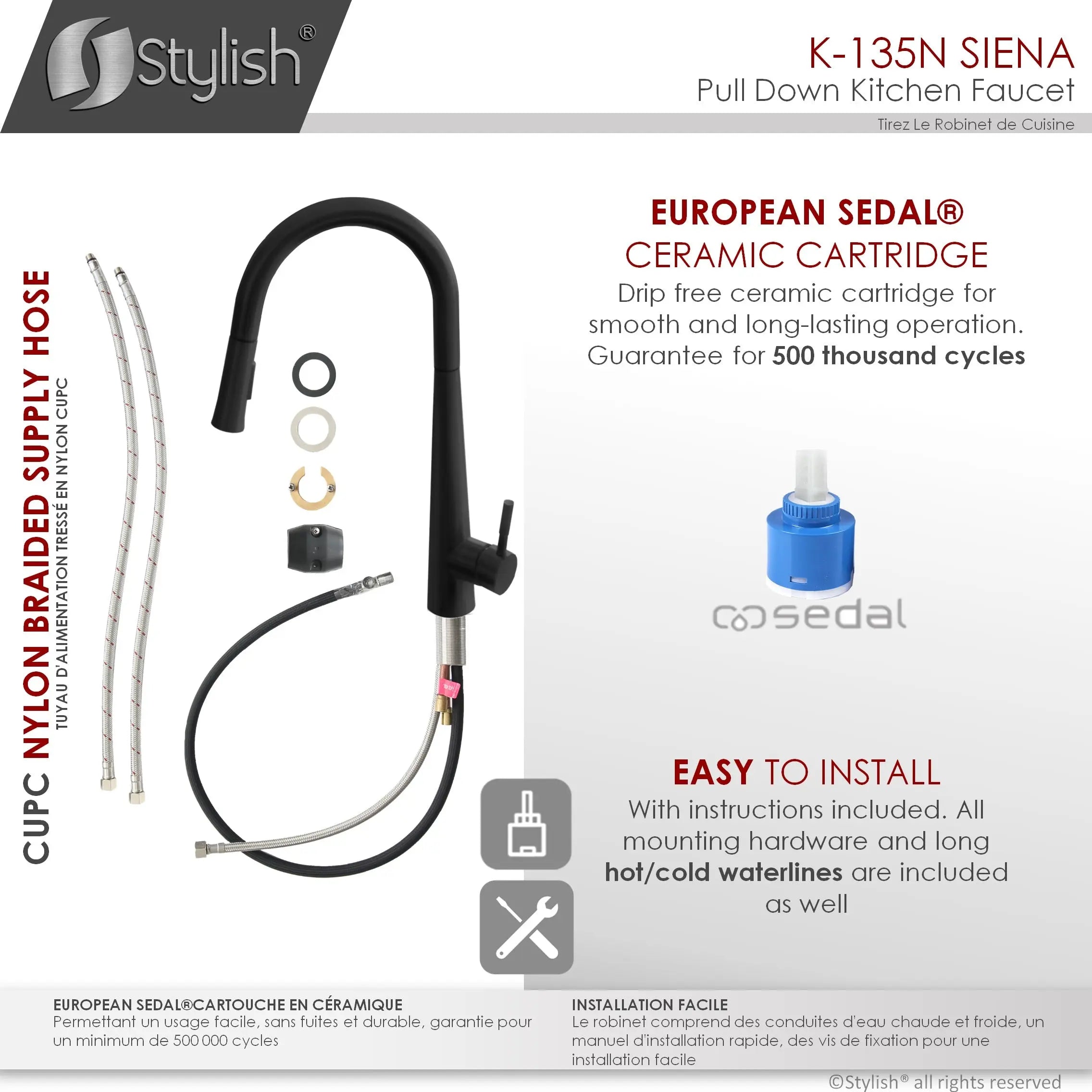 STYLISH Kitchen Sink Faucet Single Handle Pull Down Dual Mode Stainless Steel in Matte Black Finish K-135N - Plumbing Market