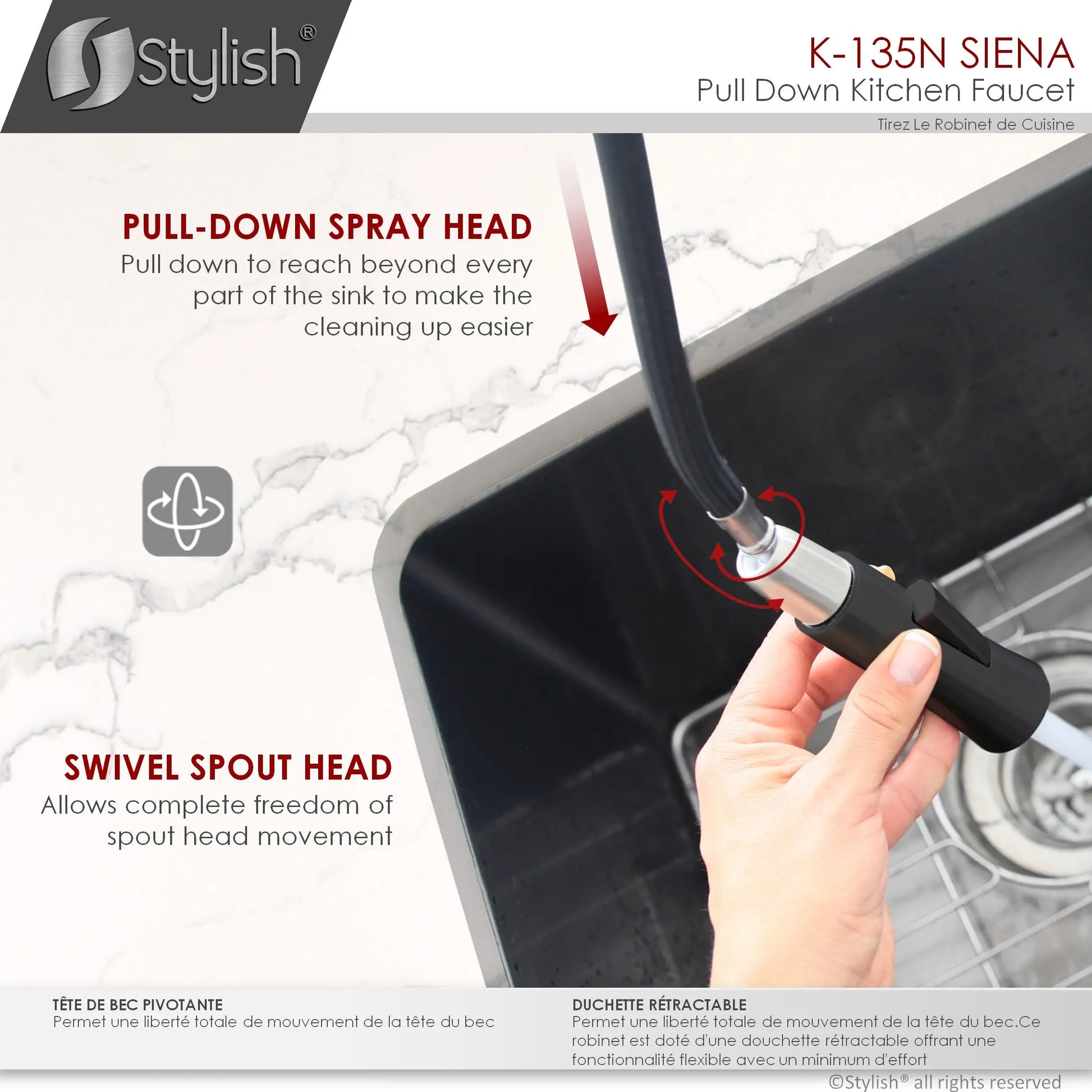 STYLISH Kitchen Sink Faucet Single Handle Pull Down Dual Mode Stainless Steel in Matte Black Finish K-135N - Plumbing Market