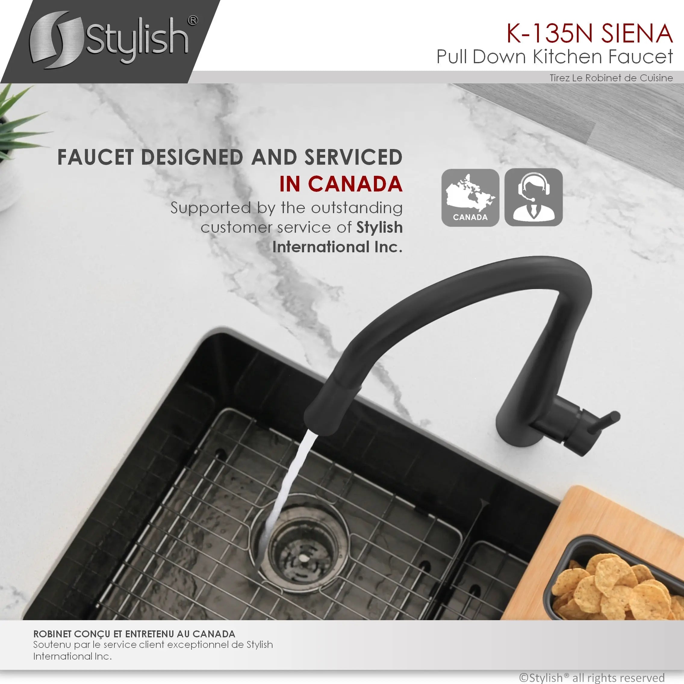 STYLISH Kitchen Sink Faucet Single Handle Pull Down Dual Mode Stainless Steel in Matte Black Finish K-135N - Plumbing Market
