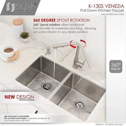 STYLISH Kitchen Sink Faucet Single Handle Pull Down Dual Mode Stainless Steel, Brushed Finish K-130S - Plumbing Market