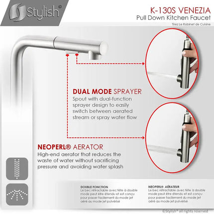 STYLISH Kitchen Sink Faucet Single Handle Pull Down Dual Mode Stainless Steel, Brushed Finish K-130S - Plumbing Market