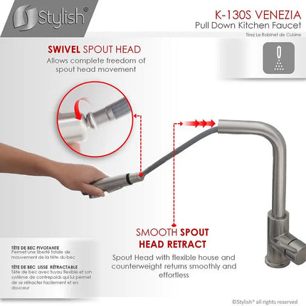 STYLISH Kitchen Sink Faucet Single Handle Pull Down Dual Mode Stainless Steel, Brushed Finish K-130S - Plumbing Market