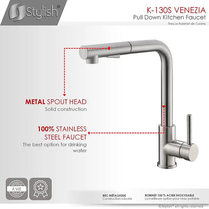 STYLISH Kitchen Sink Faucet Single Handle Pull Down Dual Mode Stainless Steel, Brushed Finish K-130S - Plumbing Market