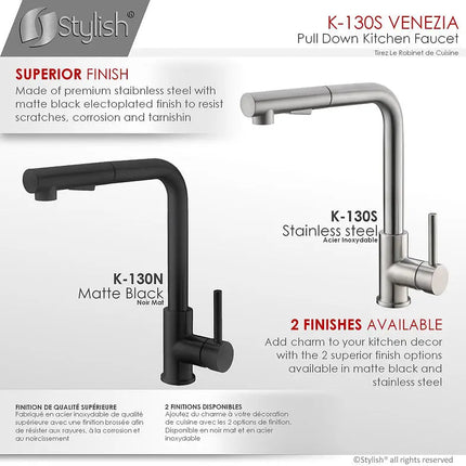 STYLISH Kitchen Sink Faucet Single Handle Pull Down Dual Mode Stainless Steel, Brushed Finish K-130S - Plumbing Market