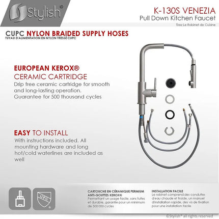 STYLISH Kitchen Sink Faucet Single Handle Pull Down Dual Mode Stainless Steel, Brushed Finish K-130S - Plumbing Market