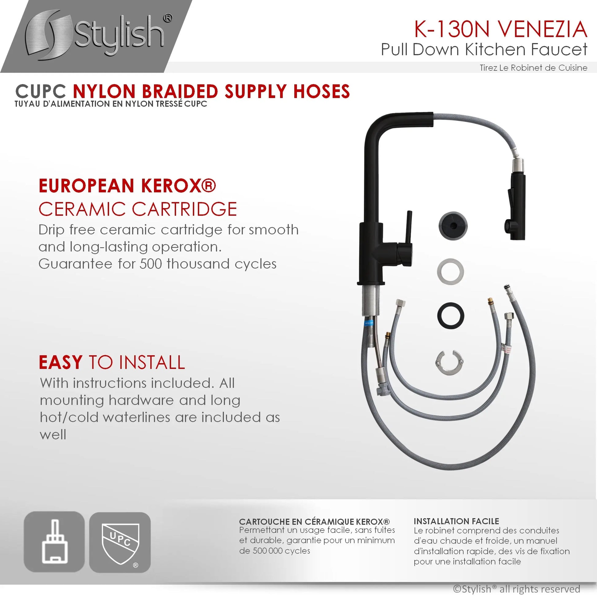 STYLISH Kitchen Sink Faucet Single Handle Pull Down Dual Mode Stainless Steel, Matte Black Finish K-130N - Plumbing Market