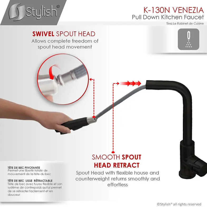 STYLISH Kitchen Sink Faucet Single Handle Pull Down Dual Mode Stainless Steel, Matte Black Finish K-130N - Plumbing Market
