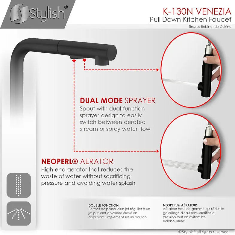 STYLISH Kitchen Sink Faucet Single Handle Pull Down Dual Mode Stainless Steel, Matte Black Finish K-130N - Plumbing Market