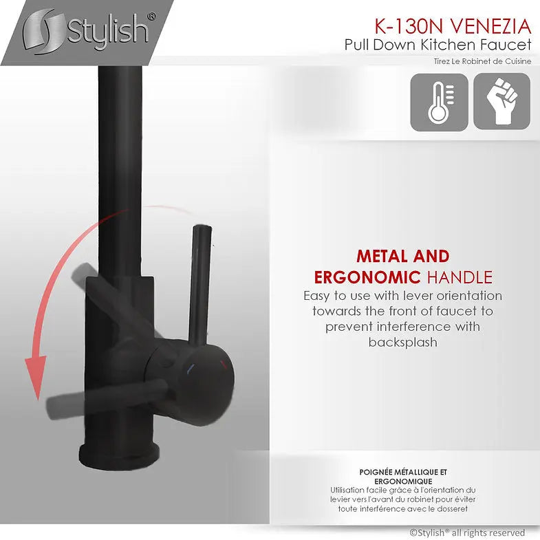 STYLISH Kitchen Sink Faucet Single Handle Pull Down Dual Mode Stainless Steel, Matte Black Finish K-130N - Plumbing Market