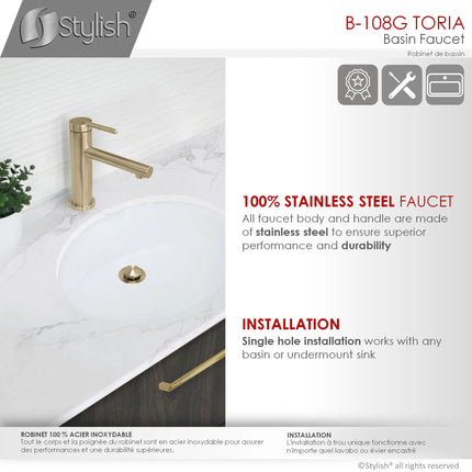 STYLISH Single Handle Basin Bathroom Faucet in Brushed Gold B-108G - Plumbing Market