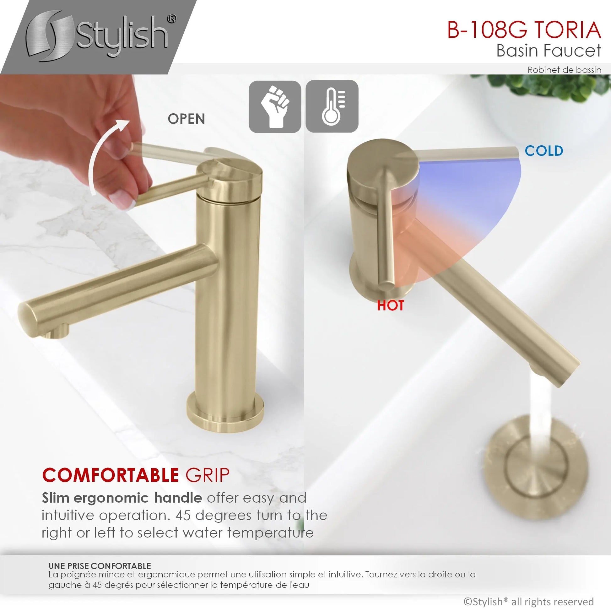 STYLISH Single Handle Basin Bathroom Faucet in Brushed Gold B-108G - Plumbing Market
