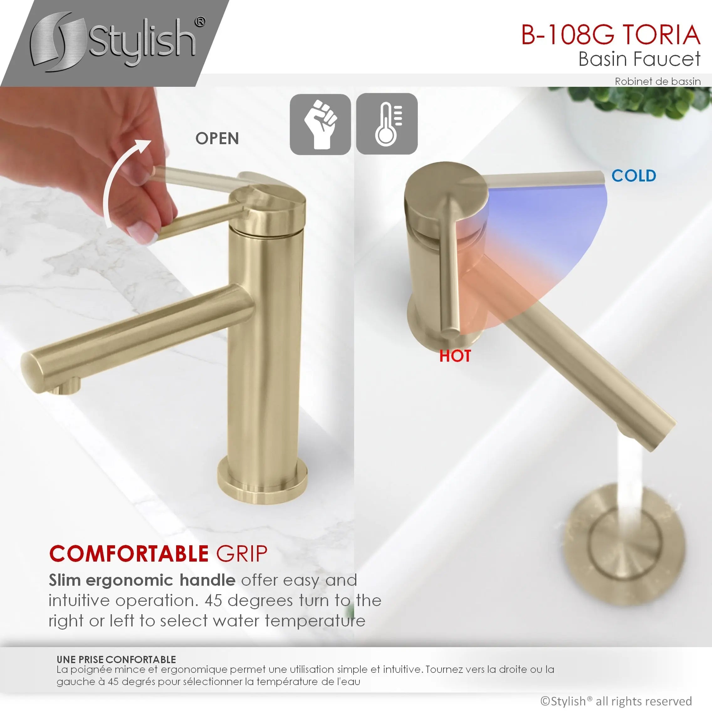 STYLISH Single Handle Basin Bathroom Faucet in Brushed Gold B-108G - Plumbing Market