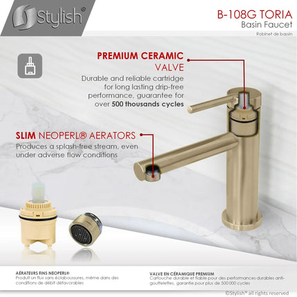 STYLISH Single Handle Basin Bathroom Faucet in Brushed Gold B-108G - Plumbing Market