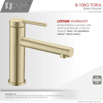 STYLISH Single Handle Basin Bathroom Faucet in Brushed Gold B-108G - Plumbing Market