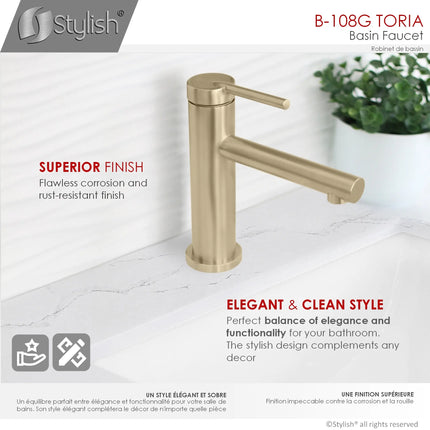 STYLISH Single Handle Basin Bathroom Faucet in Brushed Gold B-108G - Plumbing Market