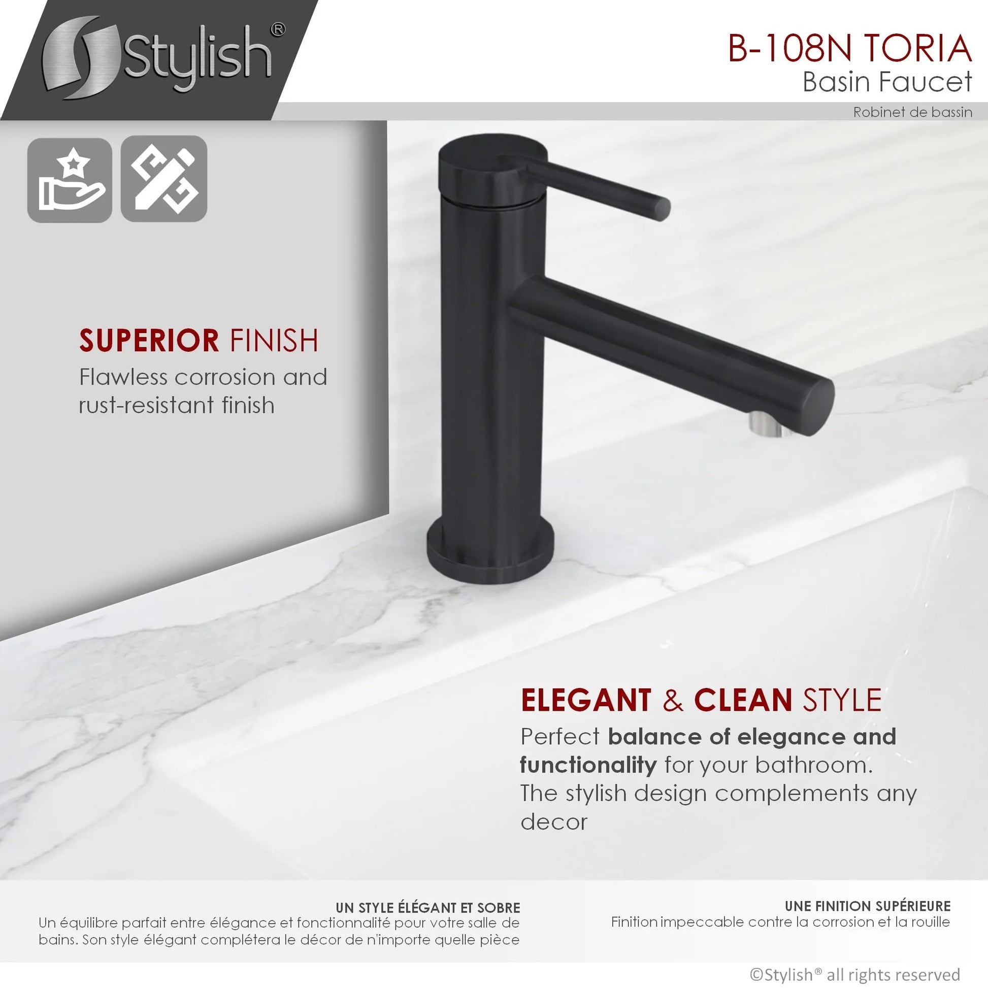 STYLISH Single Handle Basin Bathroom Faucet in Matte Black Finish B-108N - Plumbing Market