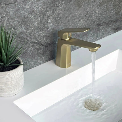 STYLISH Single Handle Bathroom Faucet for Single Hole Brass Basin Mixer Tap, Brushed Gold Finish B-111G - Plumbing Market