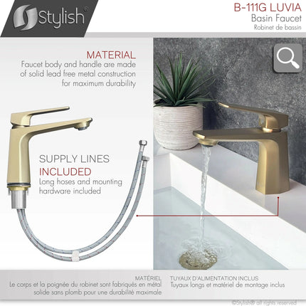 STYLISH Single Handle Bathroom Faucet for Single Hole Brass Basin Mixer Tap, Brushed Gold Finish B-111G - Plumbing Market