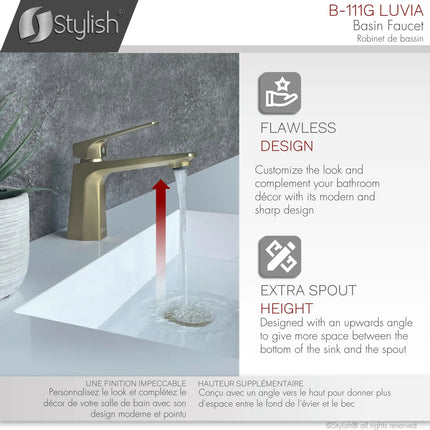 STYLISH Single Handle Bathroom Faucet for Single Hole Brass Basin Mixer Tap, Brushed Gold Finish B-111G - Plumbing Market