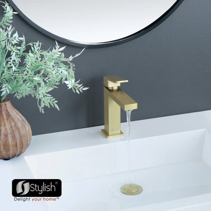 STYLISH Single Handle Bathroom Faucet for Single Hole Brass Basin Mixer Tap, Brushed Gold Finish B-112G - Plumbing Market