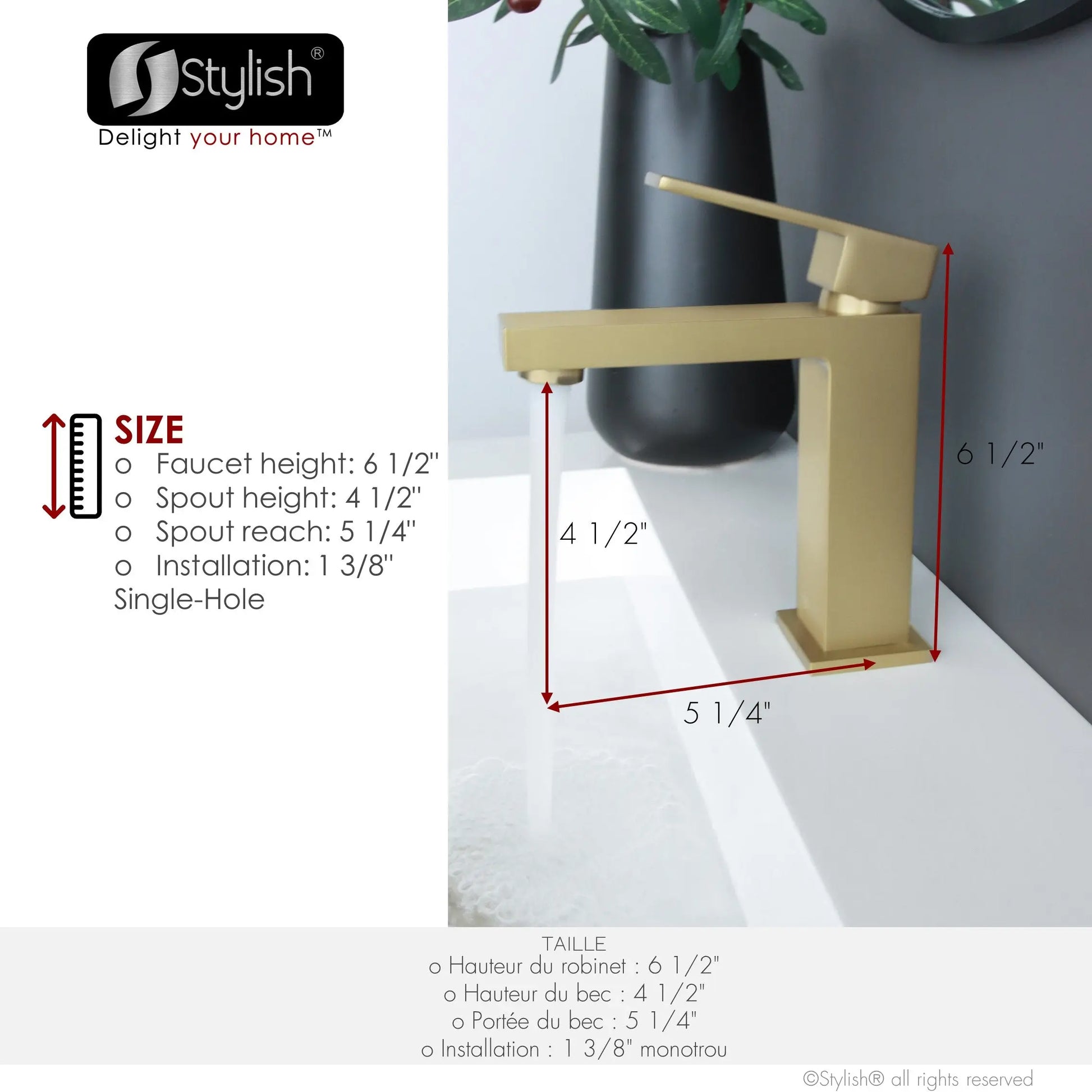 STYLISH Single Handle Bathroom Faucet for Single Hole Brass Basin Mixer Tap, Brushed Gold Finish B-112G - Plumbing Market