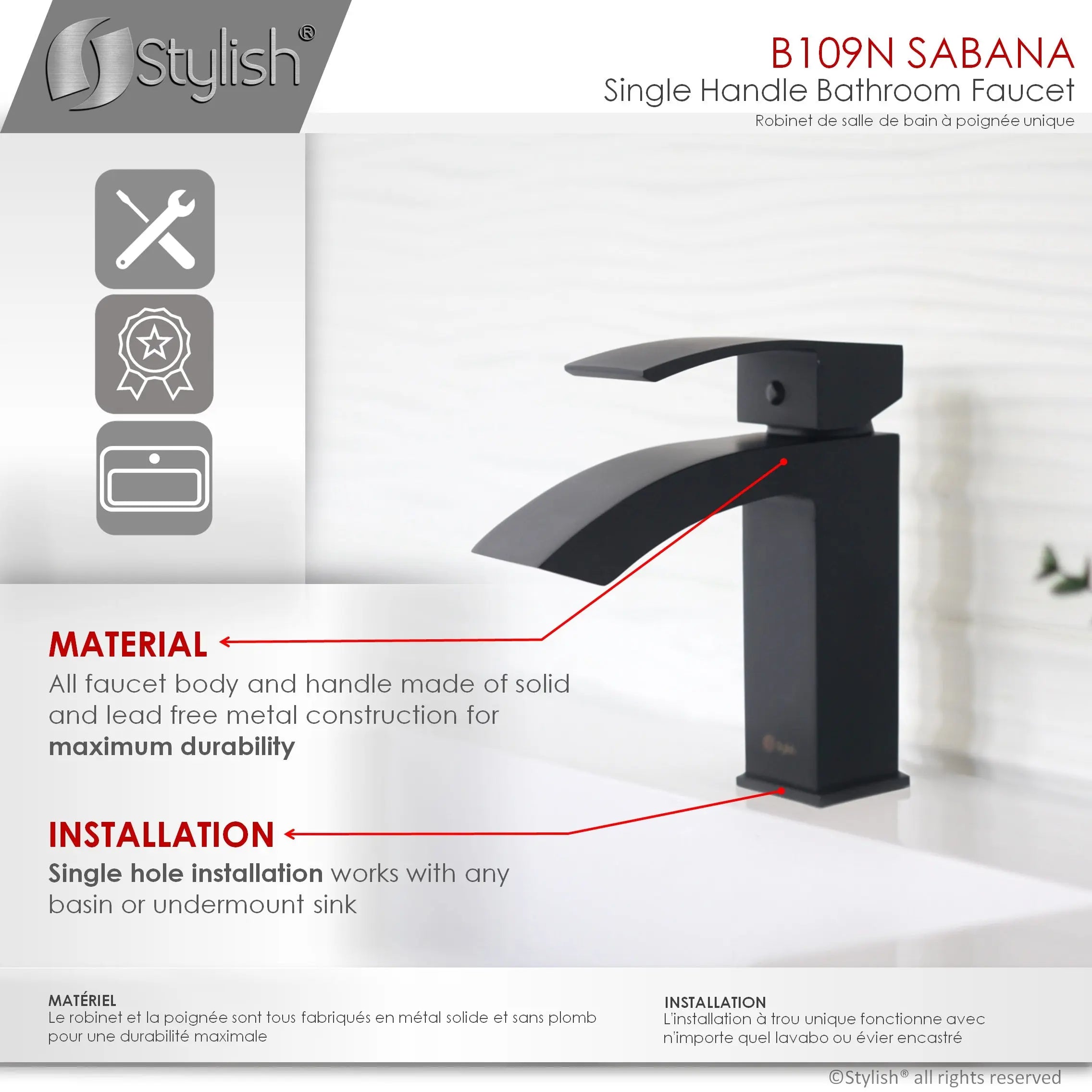 STYLISH Single Handle Bathroom Faucet for Single Hole Brass Basin Mixer Tap, Matte Black Finish B-109N - Plumbing Market
