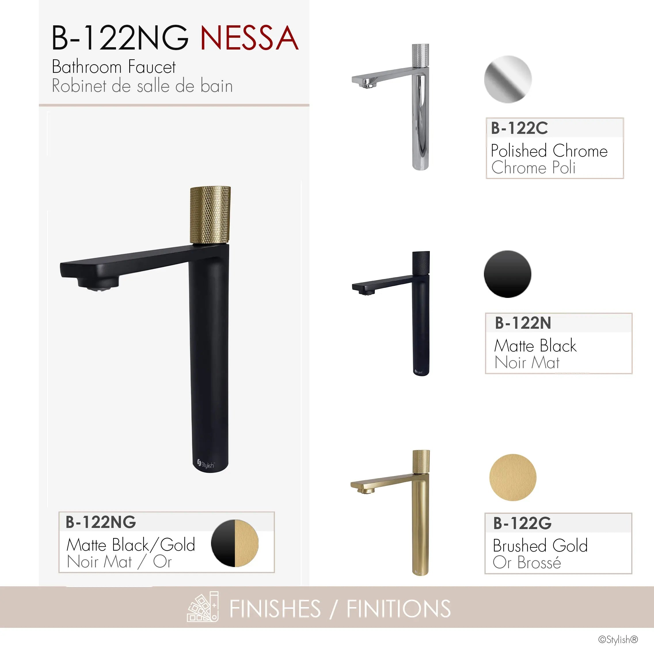STYLISH Single Handle Bathroom Vessel Sink Faucet, Matte Black and Brushed Gold Finish B-122NG - Plumbing Market