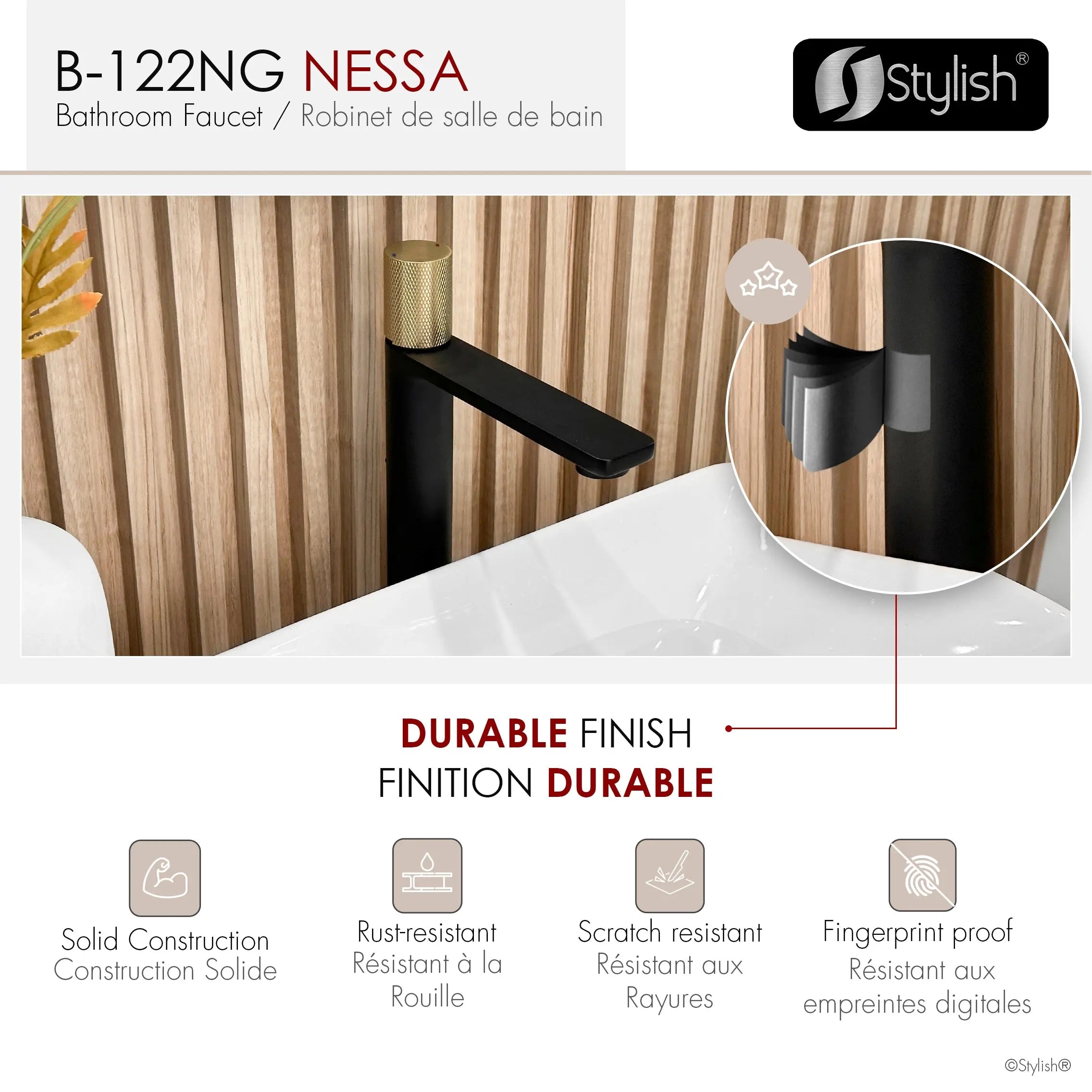 STYLISH Single Handle Bathroom Vessel Sink Faucet, Matte Black and Brushed Gold Finish B-122NG - Plumbing Market